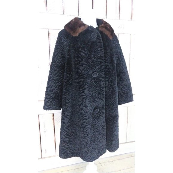 Vintage 60s black faux Persian lamb mink fur collar coat - Picture 2 of 5